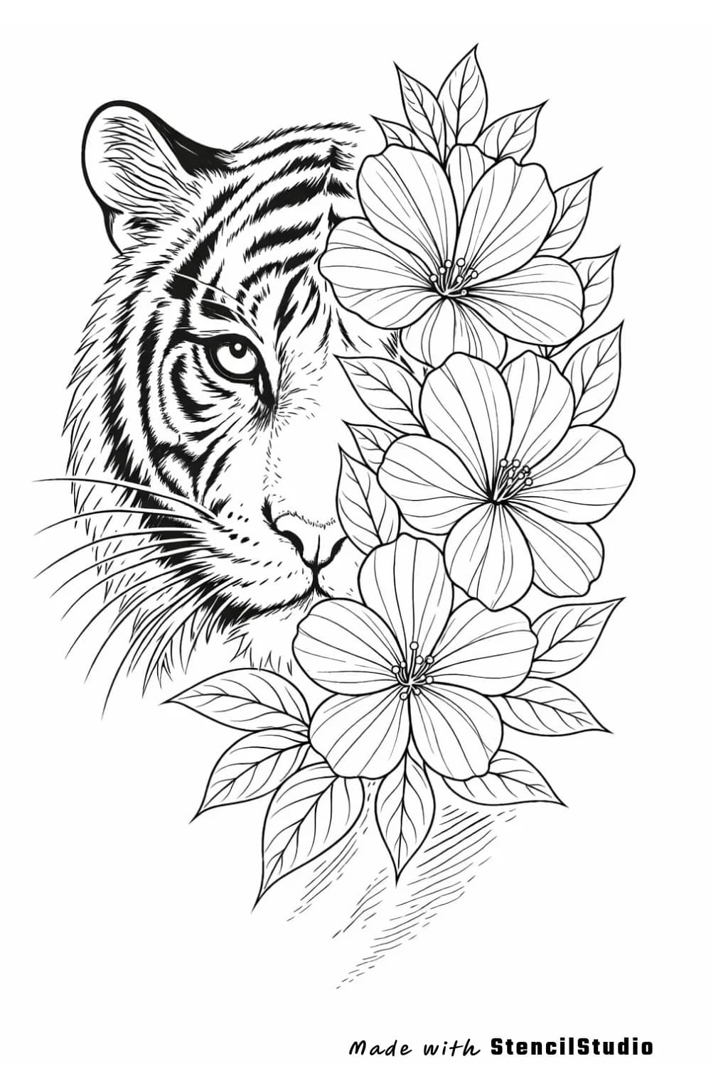 Animal tattoo stencil example featuring a tiger face with floral framing