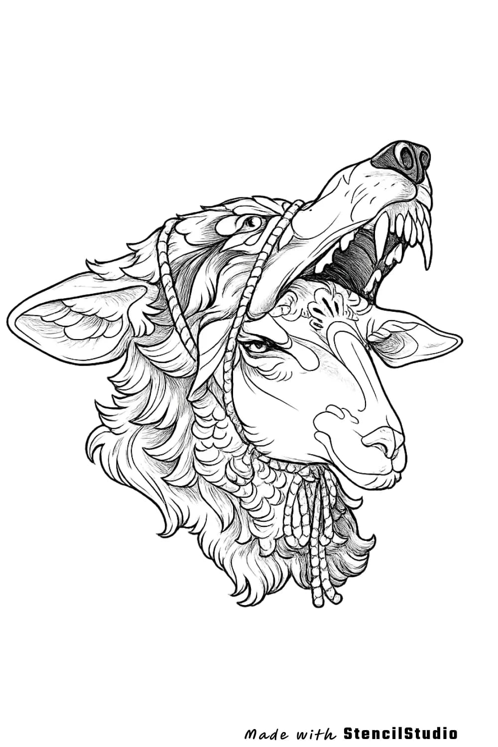 Animal tattoo stencil example featuring a wolf-and-sheep hybrid portrait