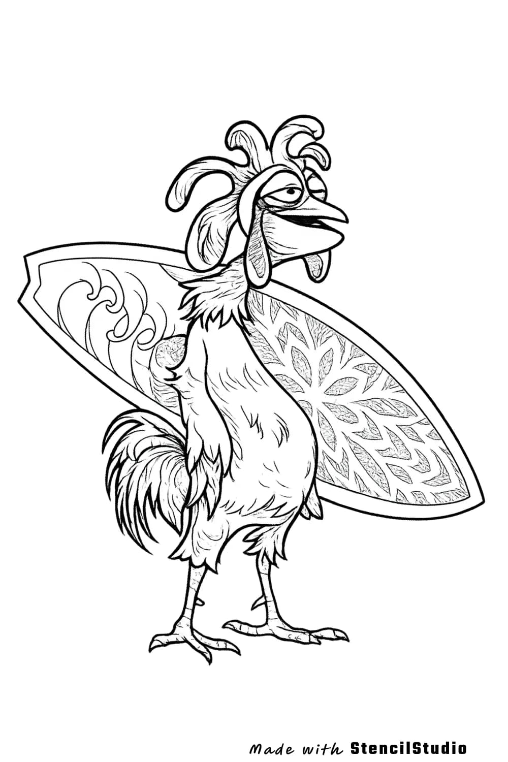 rooster with surfboard wings tattoo stencil example