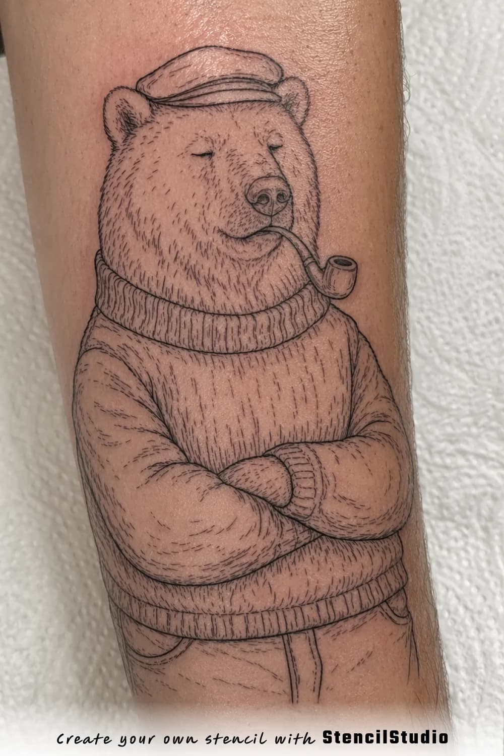 bear with pipe tattoo stencil example