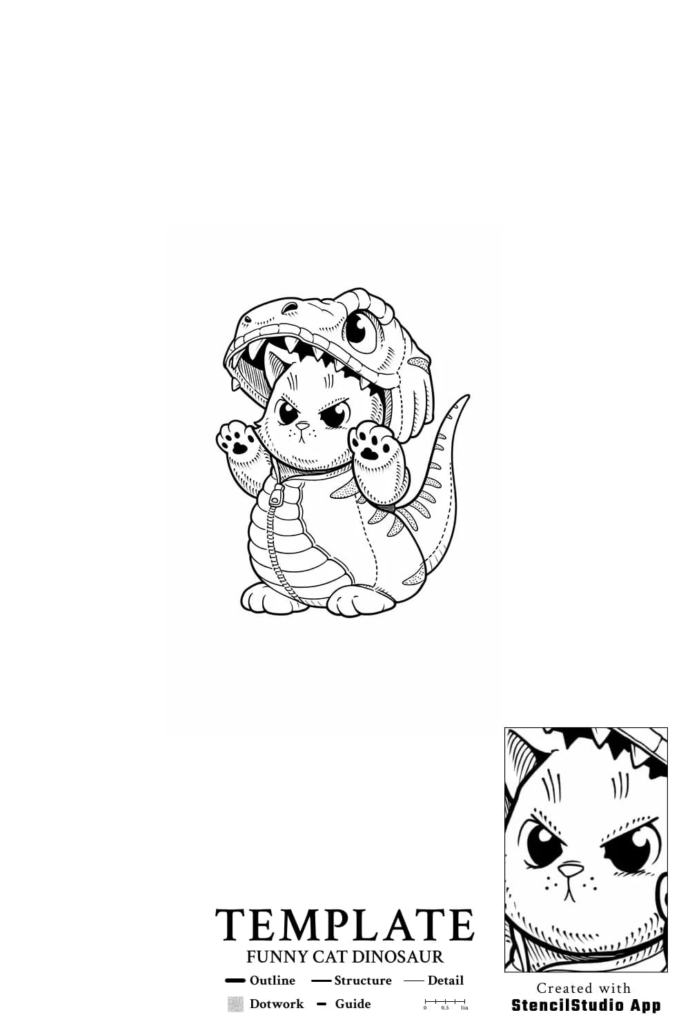 Cat in dinosaur costume tattoo stencil example