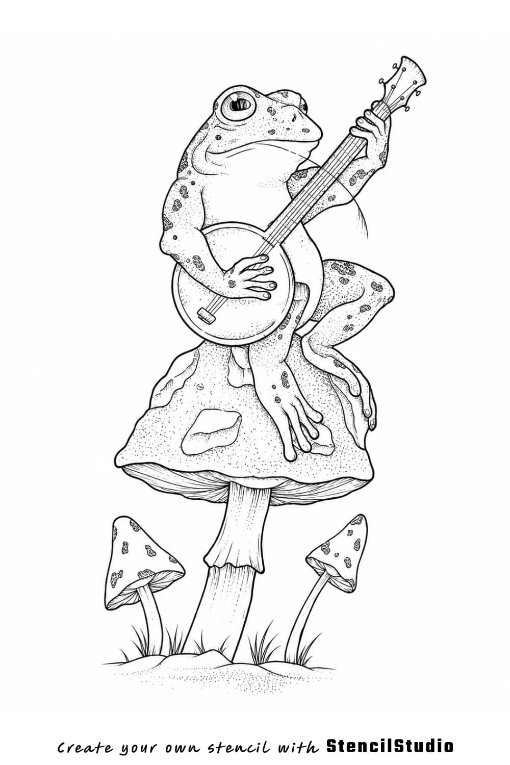 Frog on mushroom playing banjo tattoo stencil example