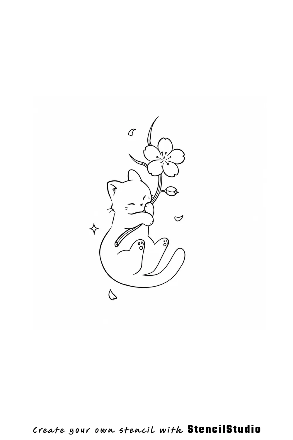 Kitten hugging cherry blossom branch tattoo stencil example