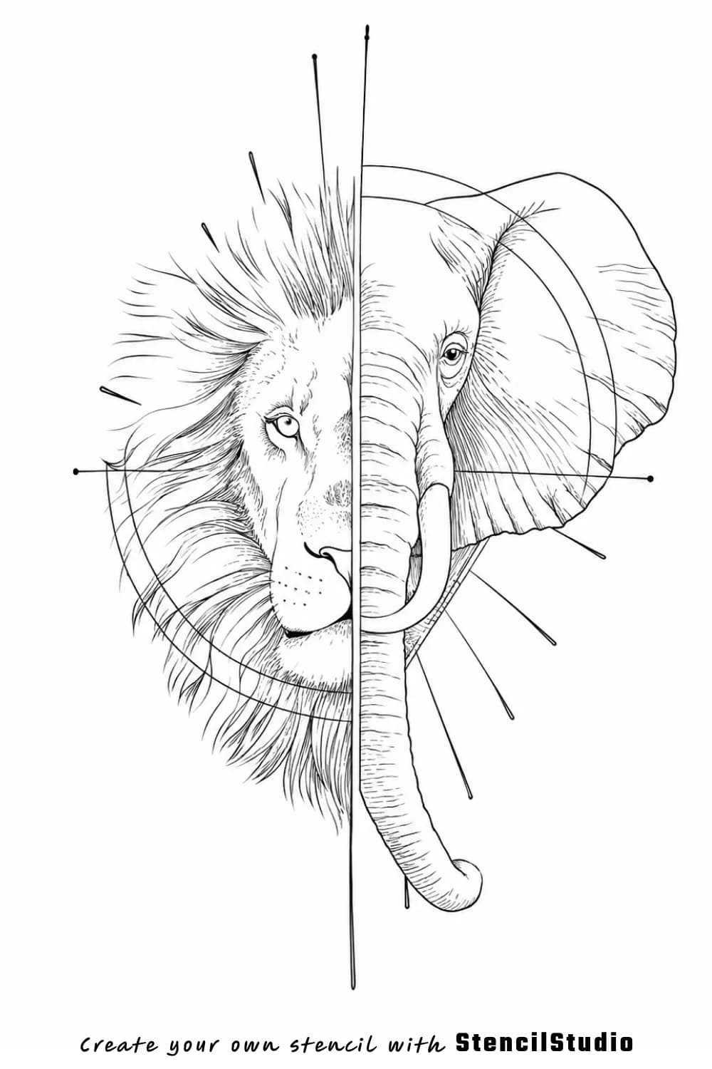 Lion and elephant split portrait tattoo stencil example