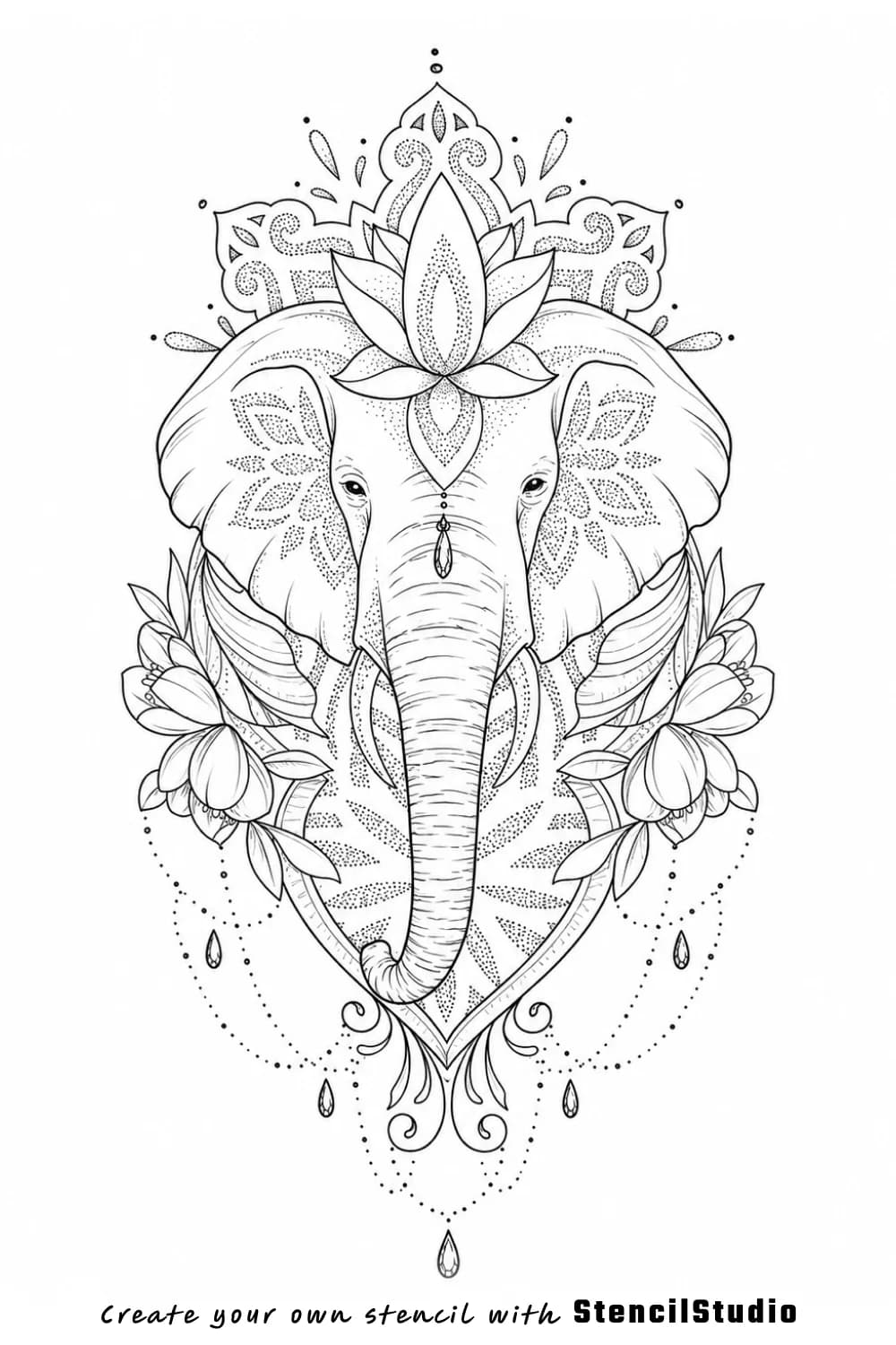 Elephant head with lotus mandala tattoo stencil example
