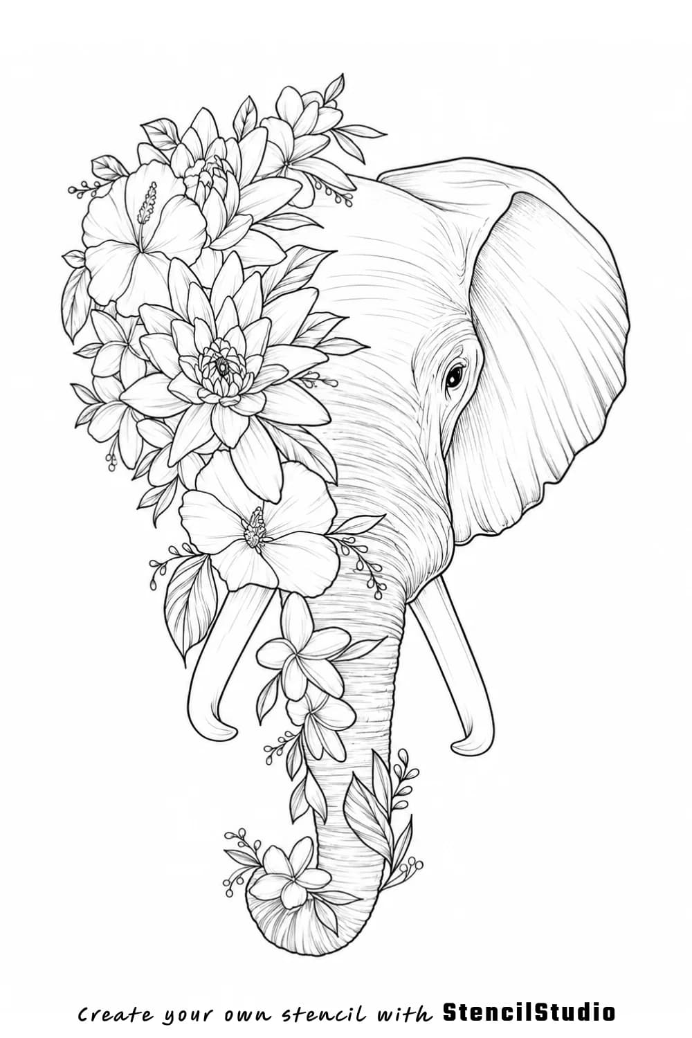 Floral half elephant portrait tattoo stencil example