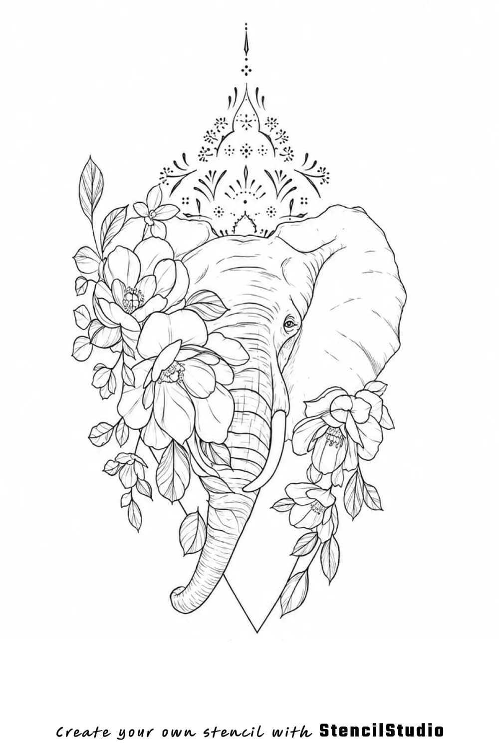 Elephant with mandala crown and florals tattoo stencil example