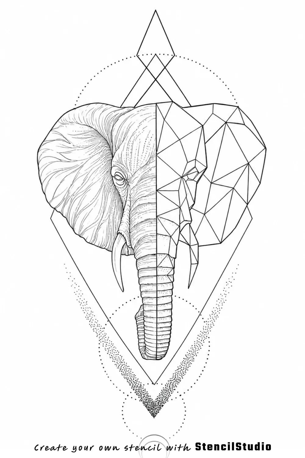 Split realistic and polygon elephant tattoo stencil example