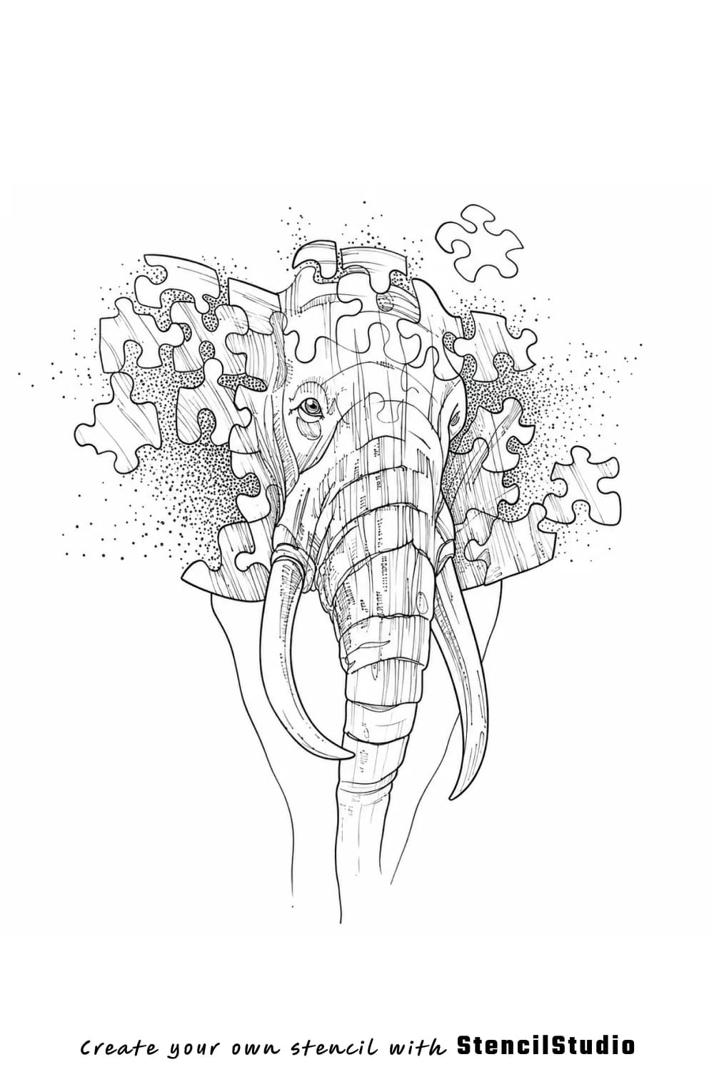 Elephant with puzzle-piece crown tattoo stencil example