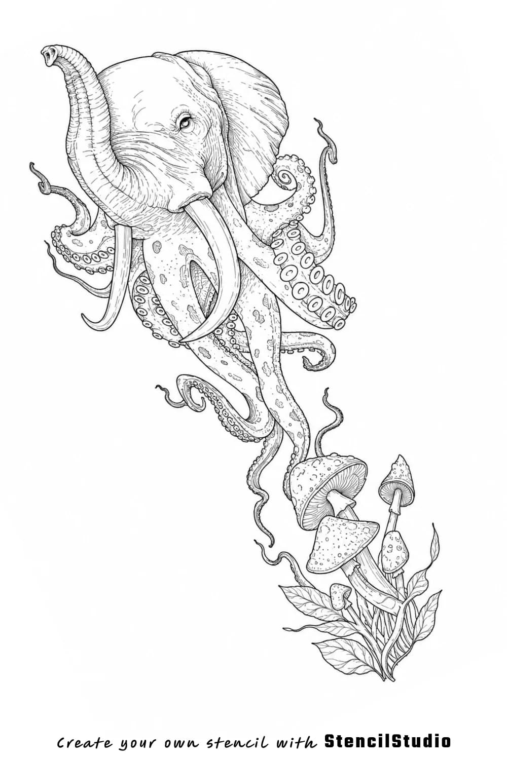 Elephant-octopus hybrid over mushrooms tattoo stencil example