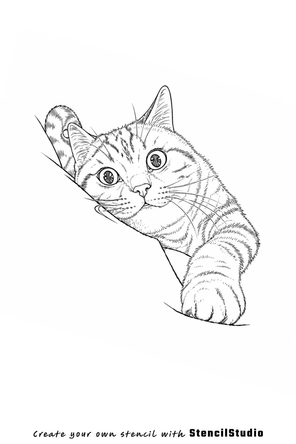 Tabby cat peeking over diagonal ledge tattoo stencil example