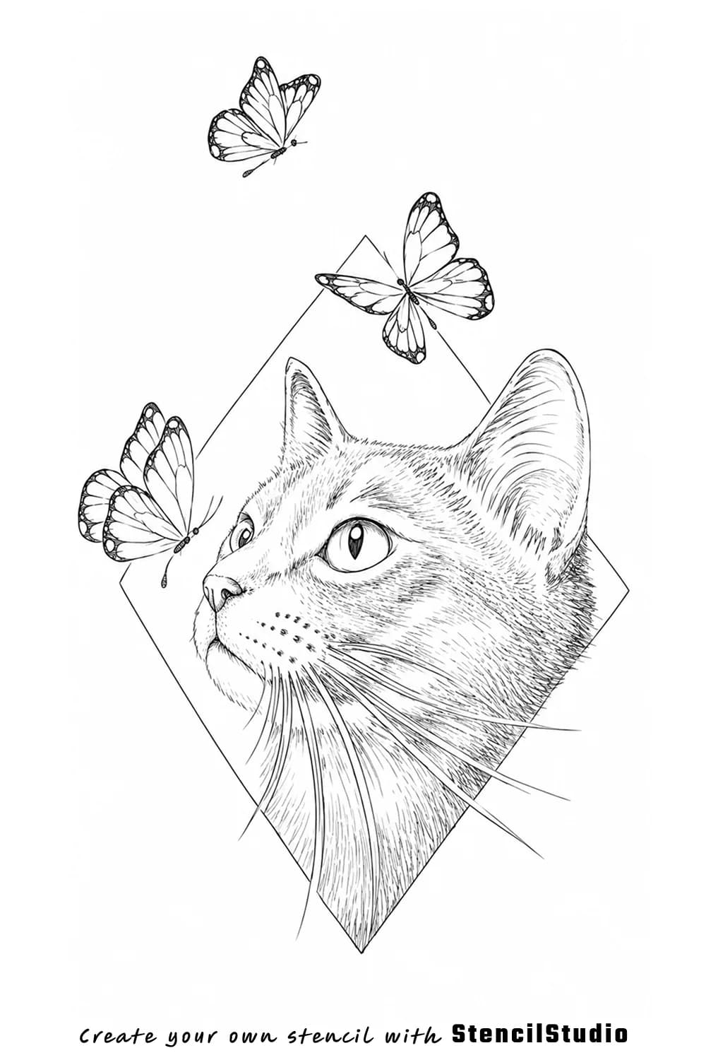 cat profile with butterflies tattoo stencil example