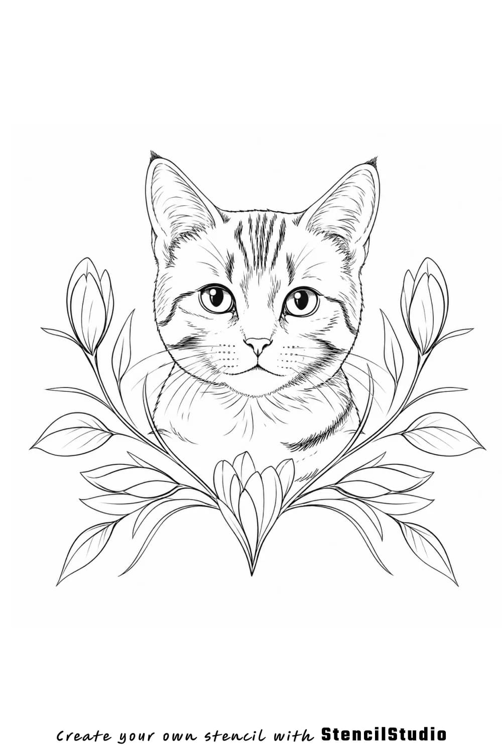 cat in floral wreath tattoo stencil example