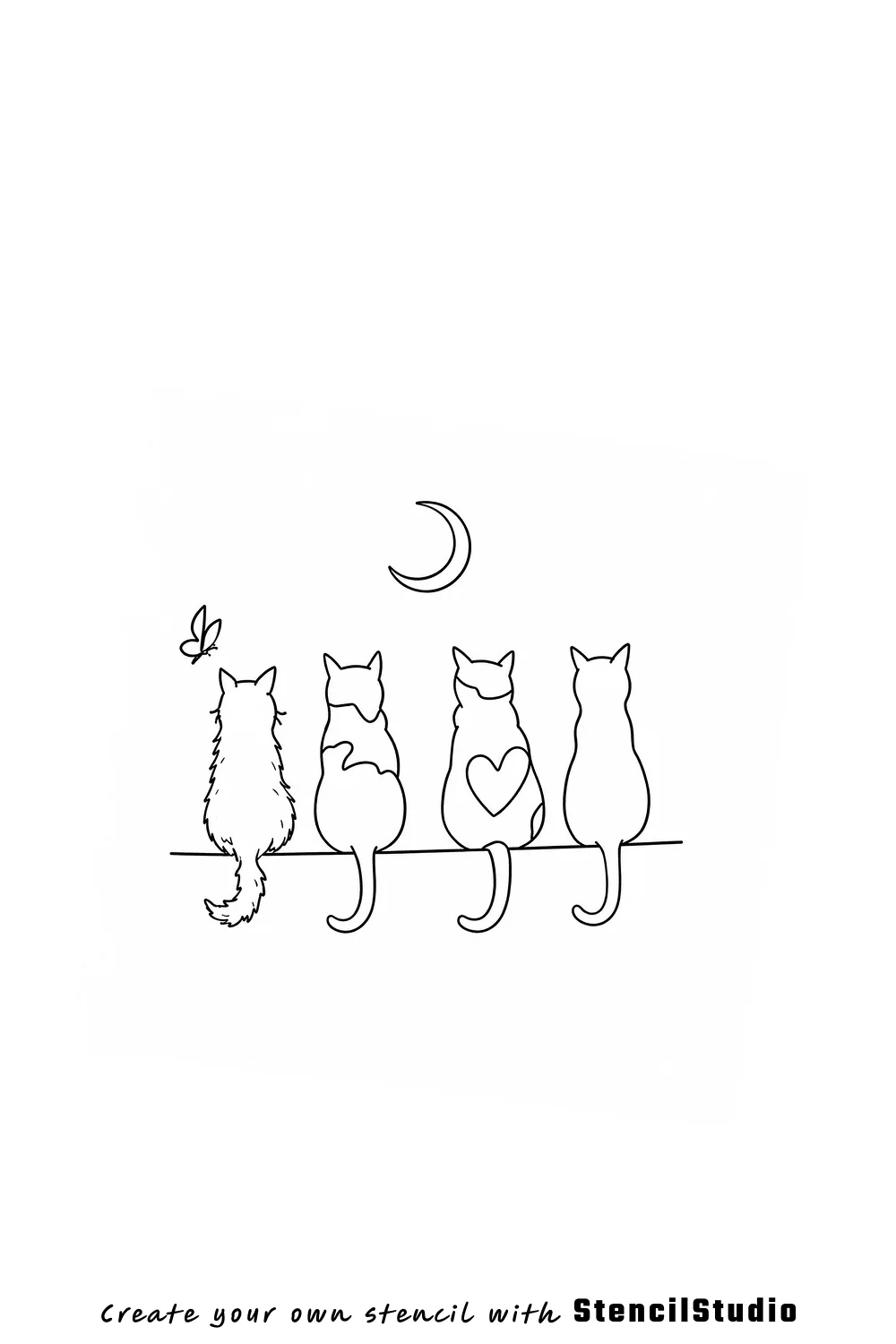 four cats and moon tattoo stencil example