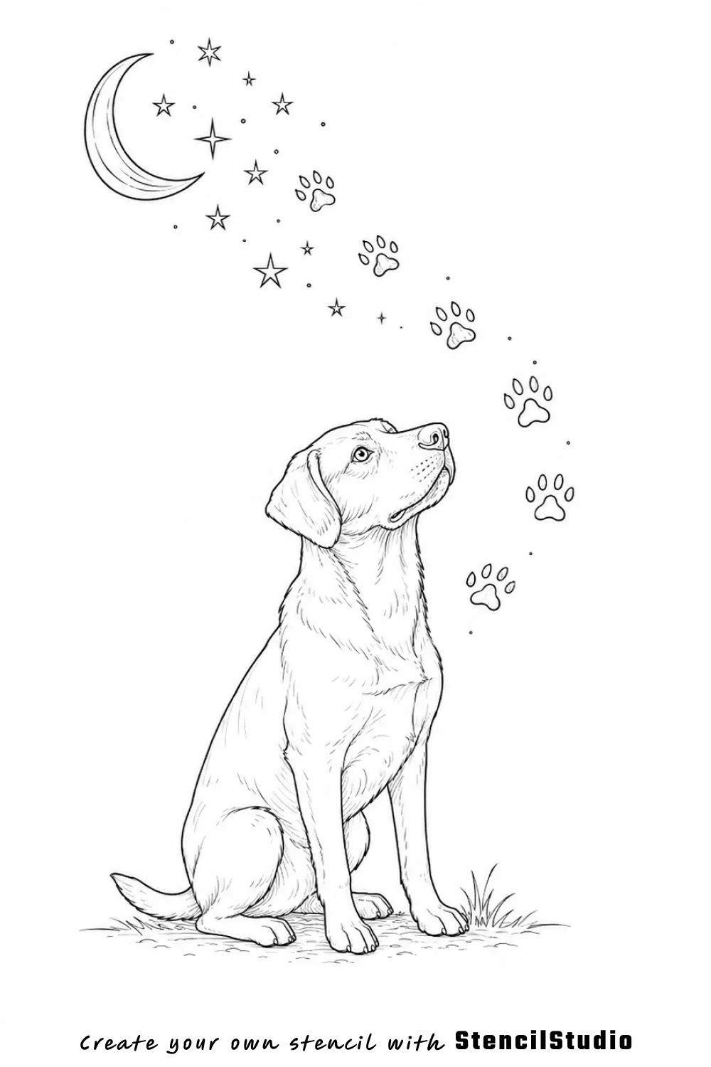 dog under night sky tattoo stencil example