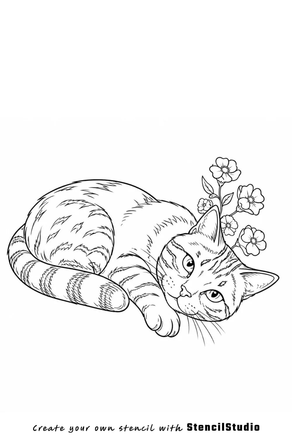 tabby cat with flower sprig tattoo stencil example
