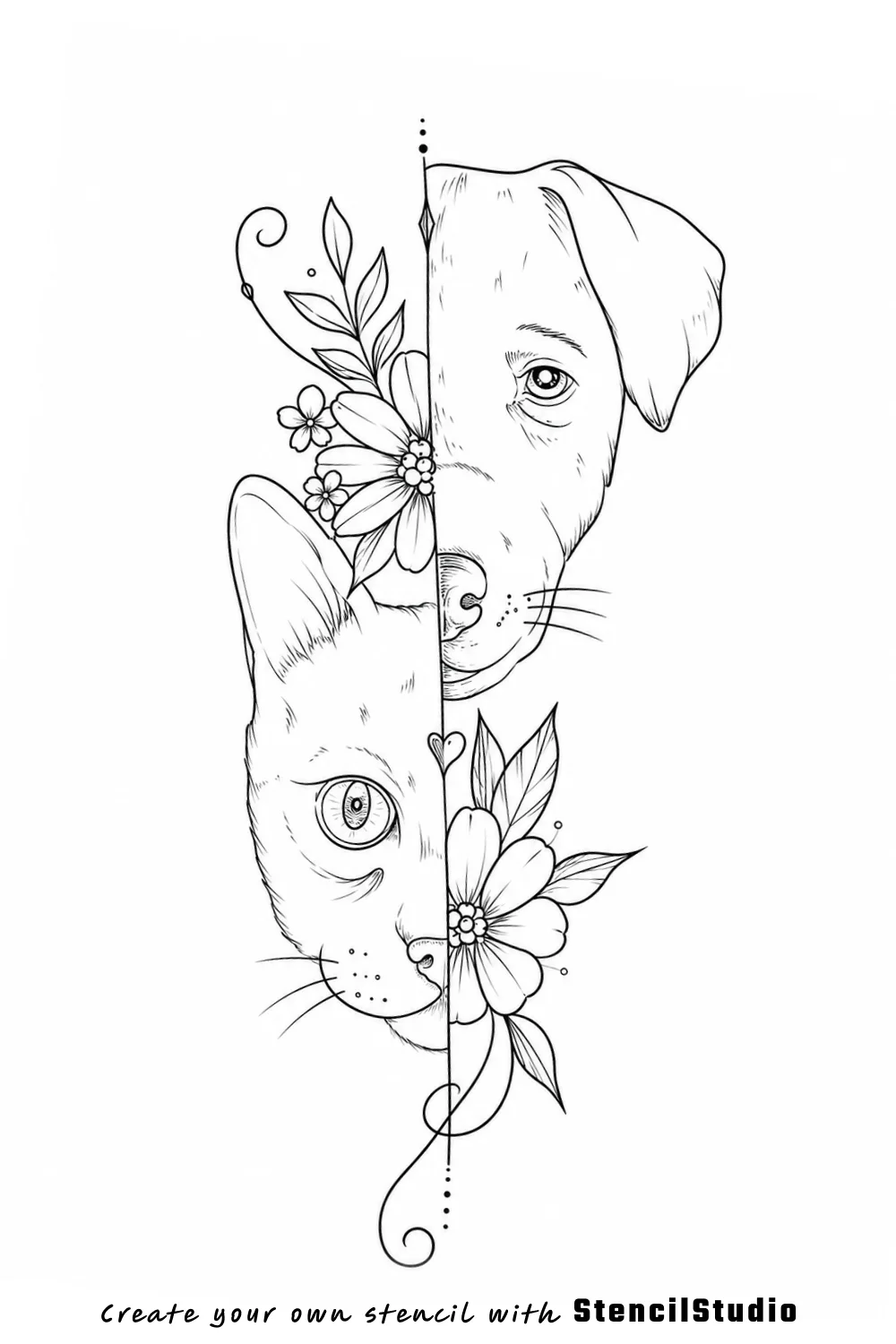 split dog and cat portrait tattoo stencil example