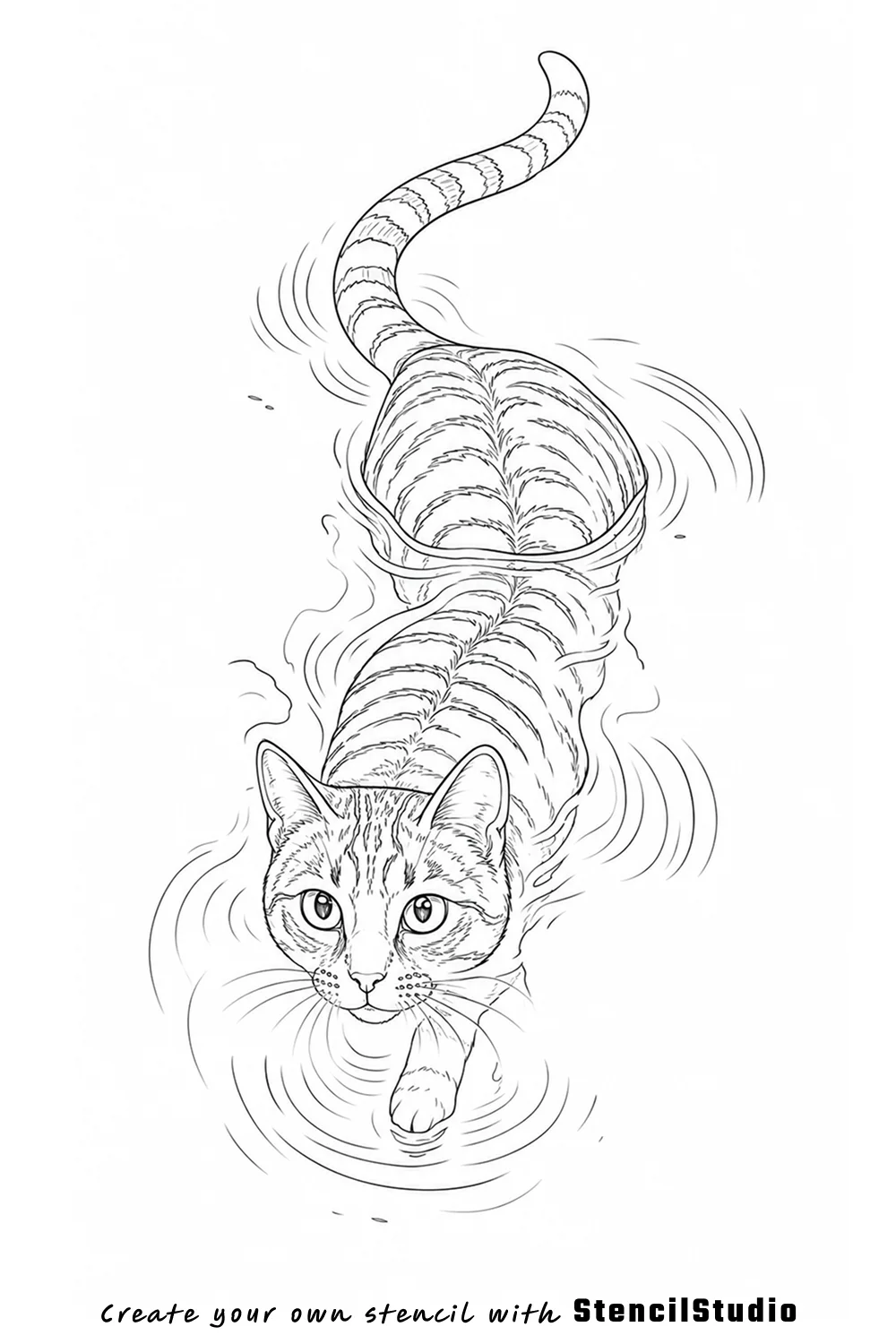 swimming tabby cat tattoo stencil example