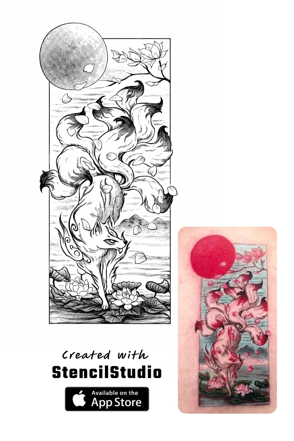 Fantasy tattoo stencil example featuring a kitsune spirit