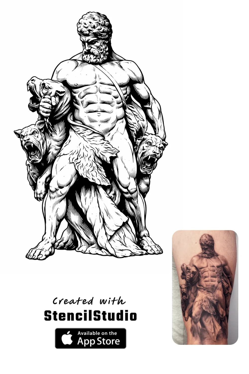 Fantasy Tattoo Stencil Group example featuring hercules statue linework and readable silhouette