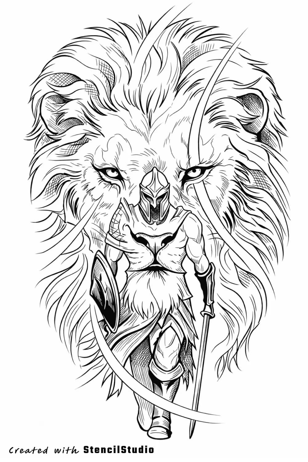 Fantasy tattoo stencil example featuring a lion warrior hybrid
