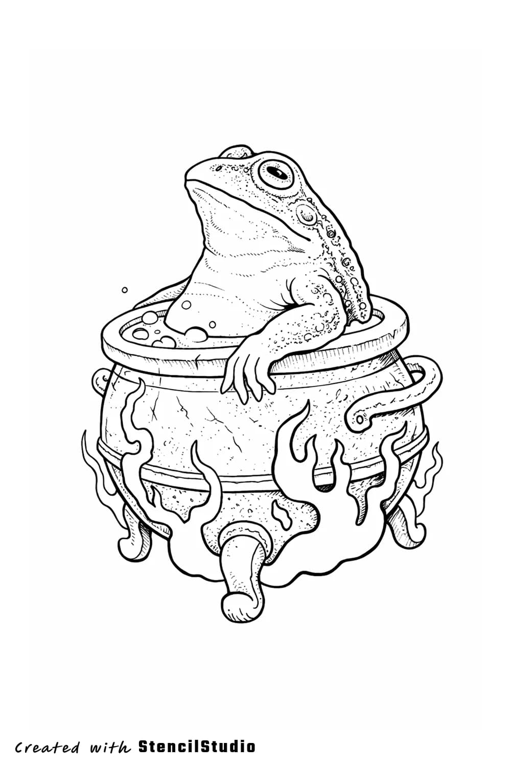 Fantasy tattoo stencil example featuring a frog in a cauldron