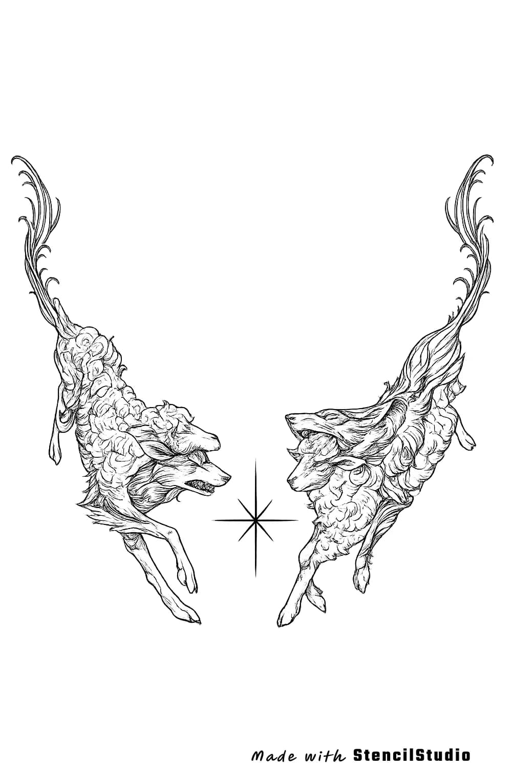 Fantasy tattoo stencil example featuring a mirrored pair of winged deer