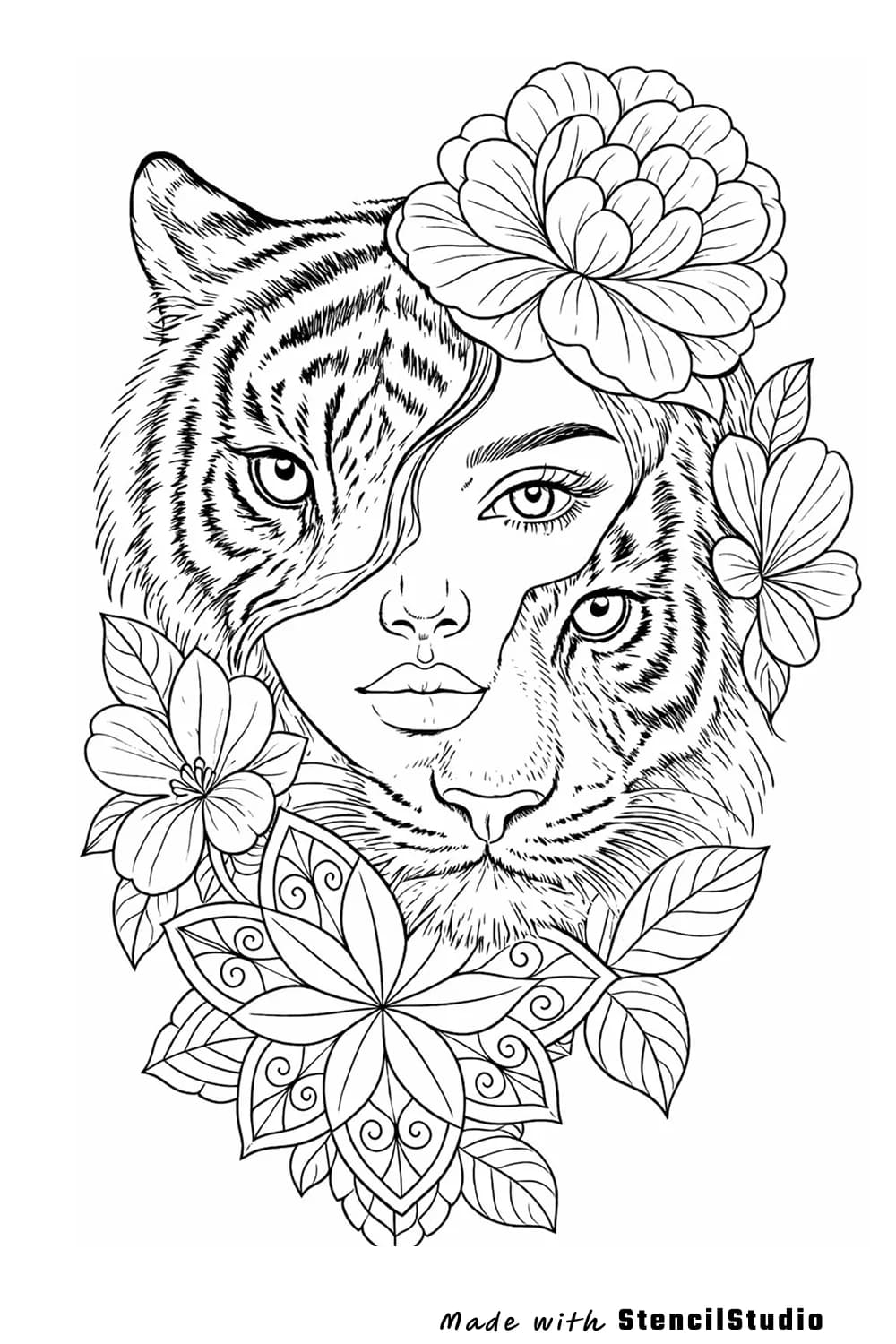 Woman and tiger split floral portrait tattoo stencil example