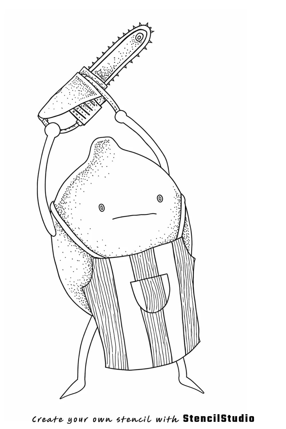 Anthropomorphic lemon with chainsaw tattoo stencil example