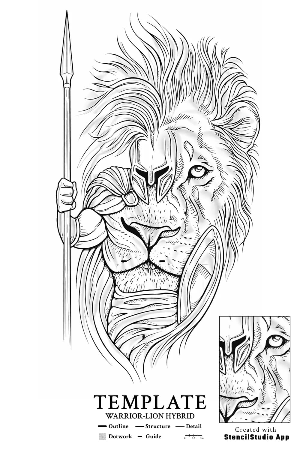 Warrior lion hybrid template tattoo stencil example