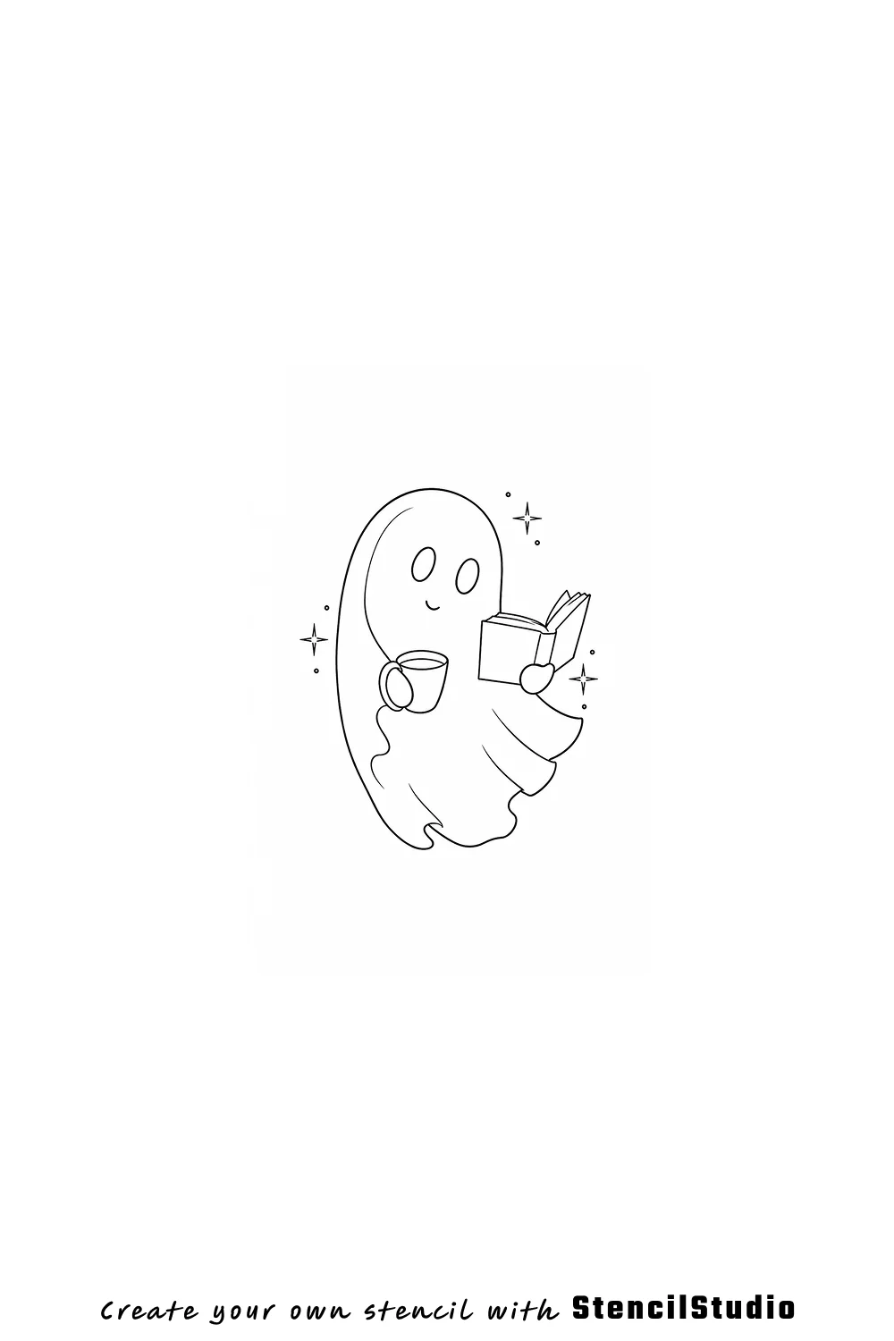 Cozy ghost with book and mug tattoo stencil example