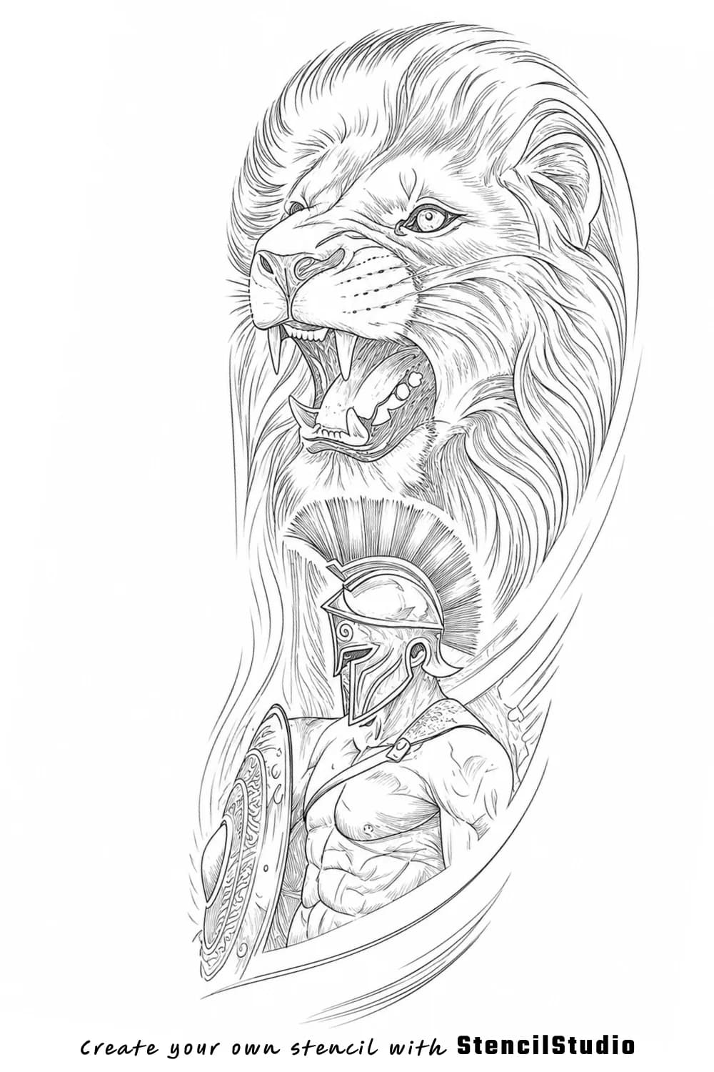 Roaring lion over Spartan warrior tattoo stencil example