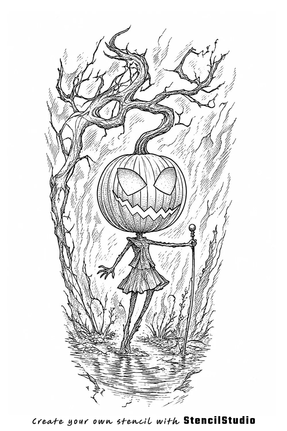 pumpkin-headed spirit tattoo stencil example