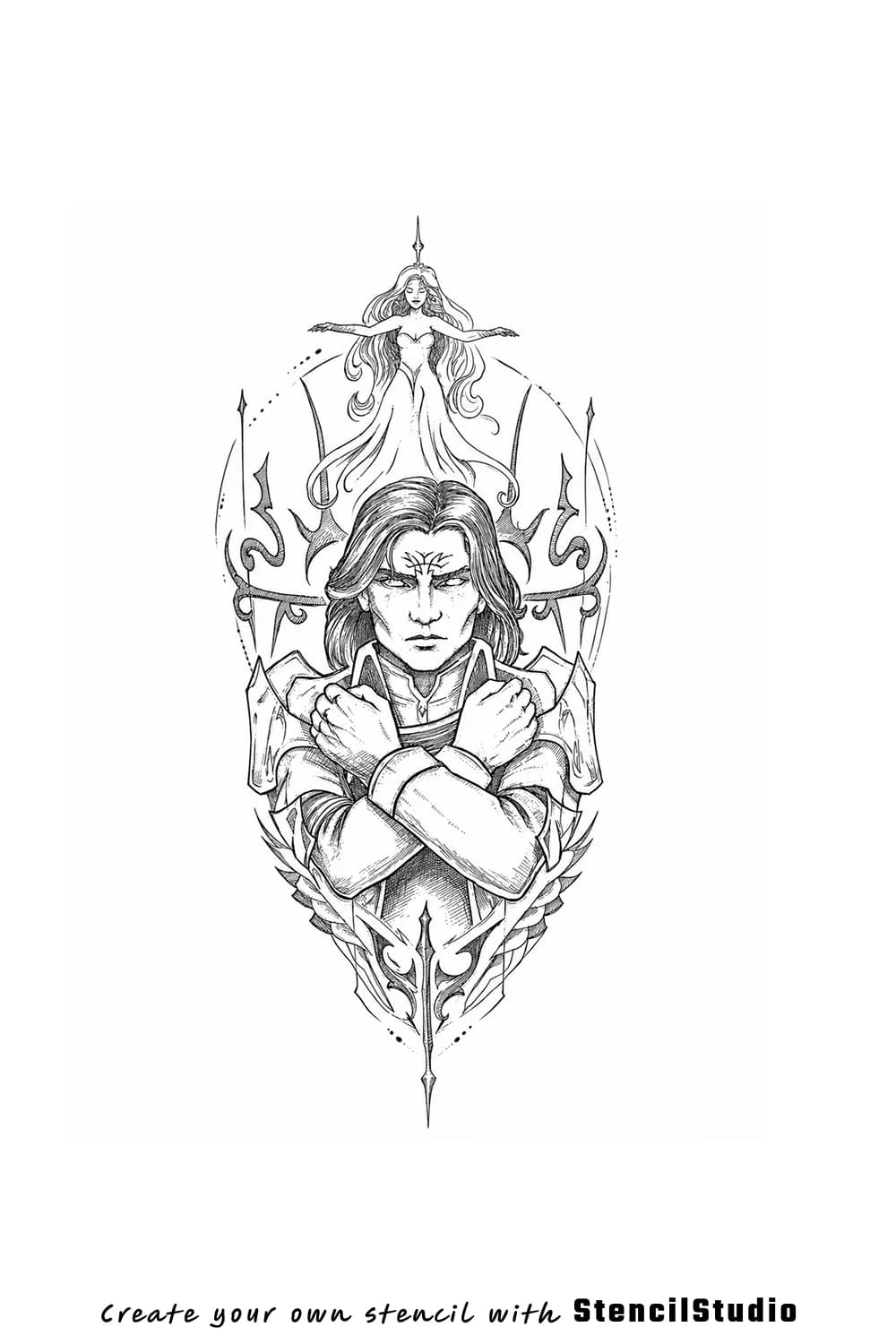 warrior with spirit guardian tattoo stencil example