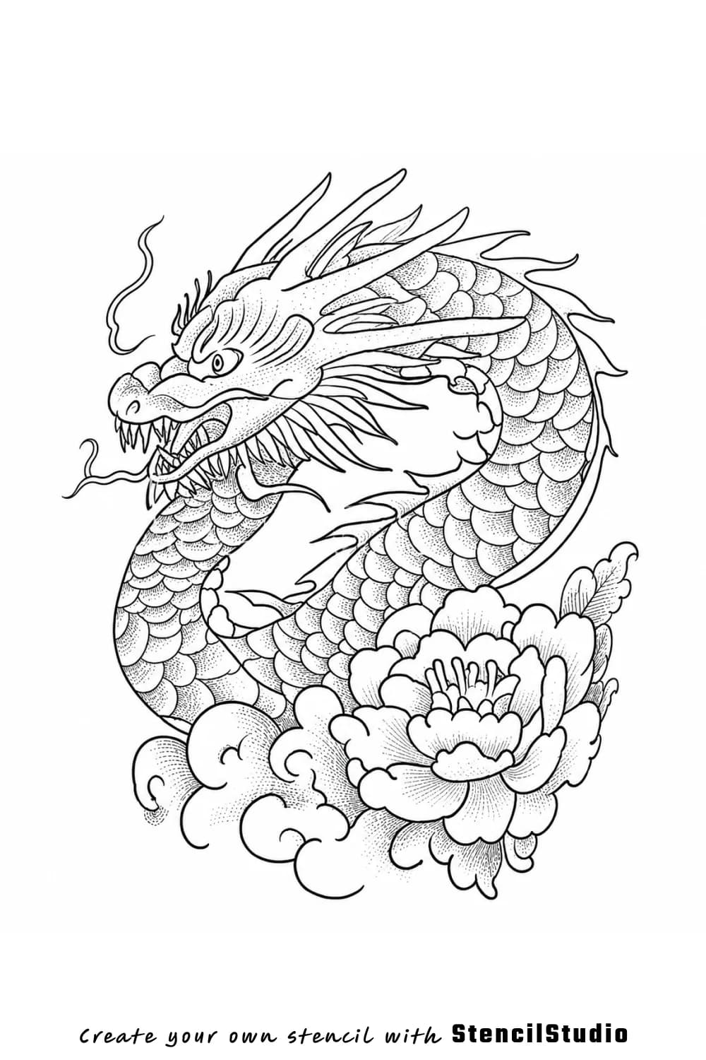 dragon with peony tattoo stencil example