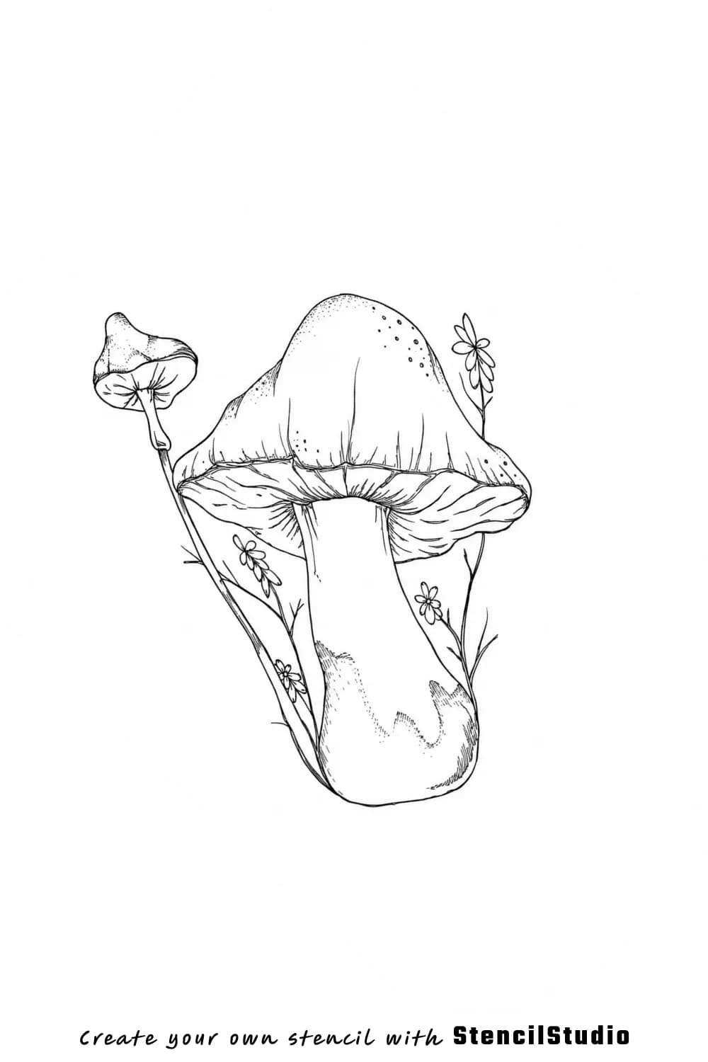 Mushrooms and wildflowers tattoo stencil example