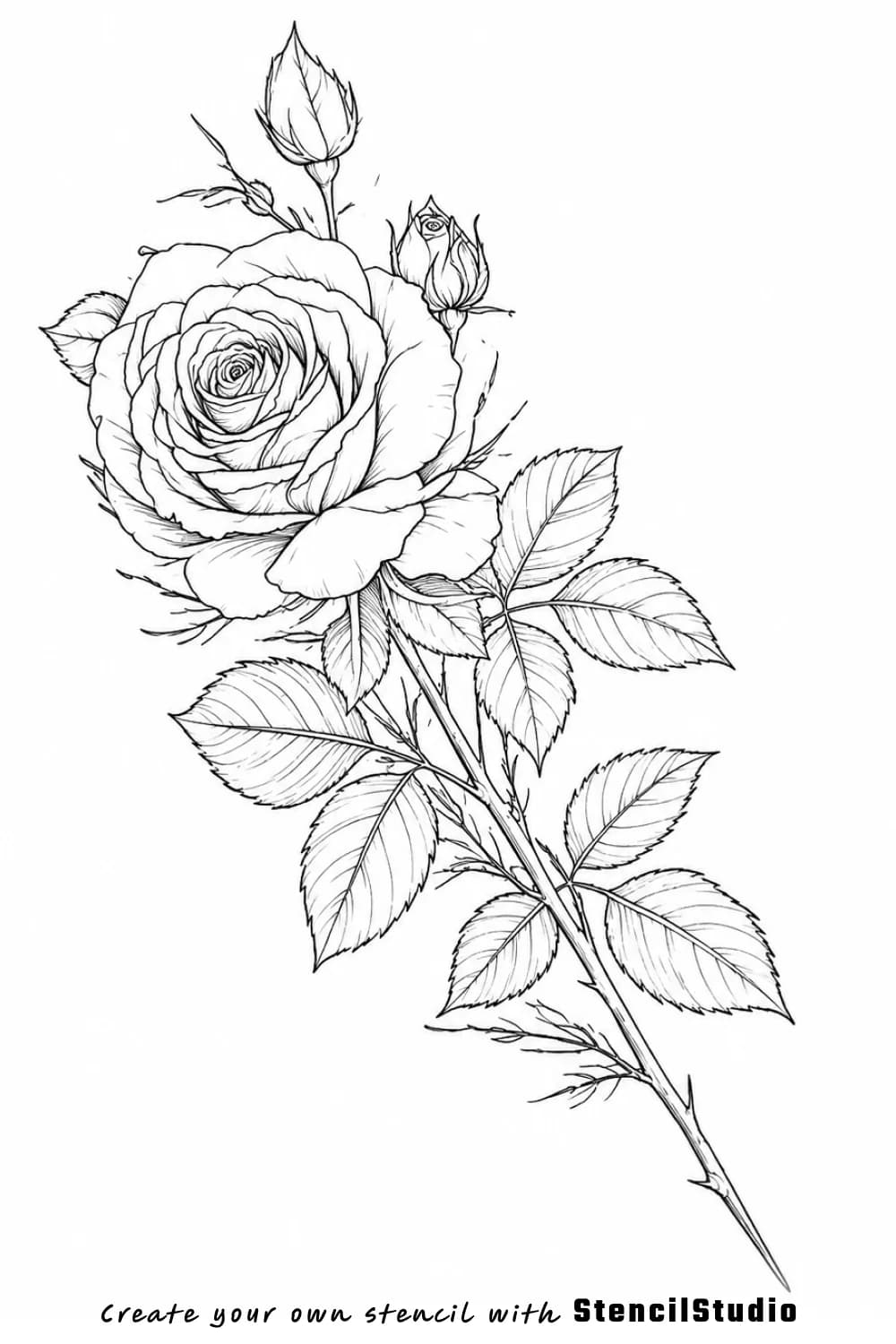 Rose branch with thorns and buds tattoo stencil example