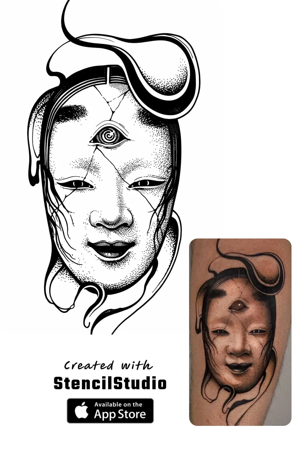 People Tattoo Stencil Group example featuring surreal face linework and readable silhouette