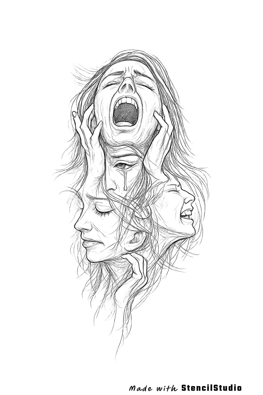 People tattoo stencil example featuring stacked screaming faces