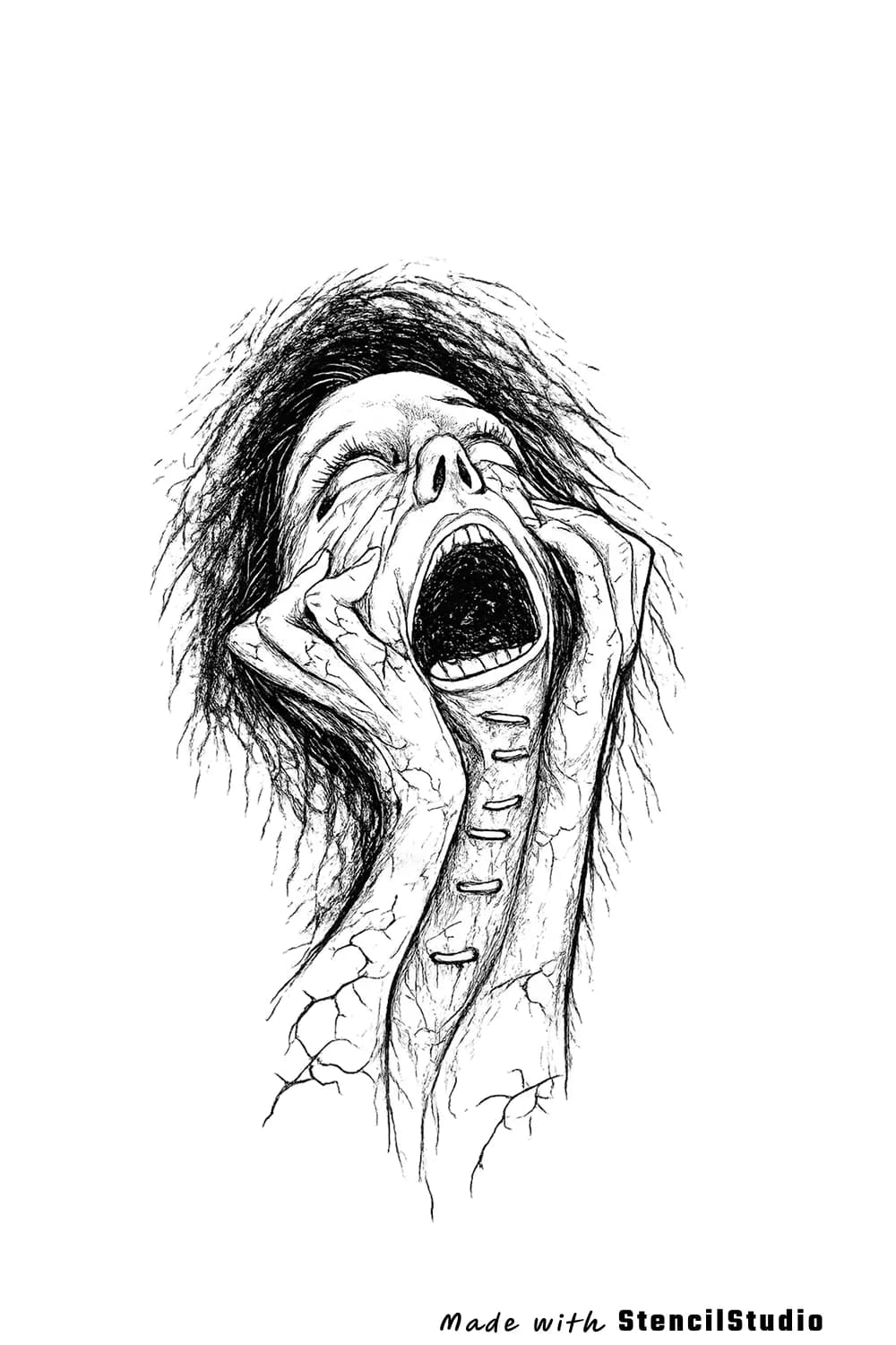 People tattoo stencil example featuring a screaming horror portrait
