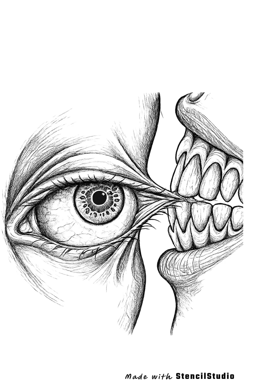 People tattoo stencil example featuring an eye-and-teeth split portrait