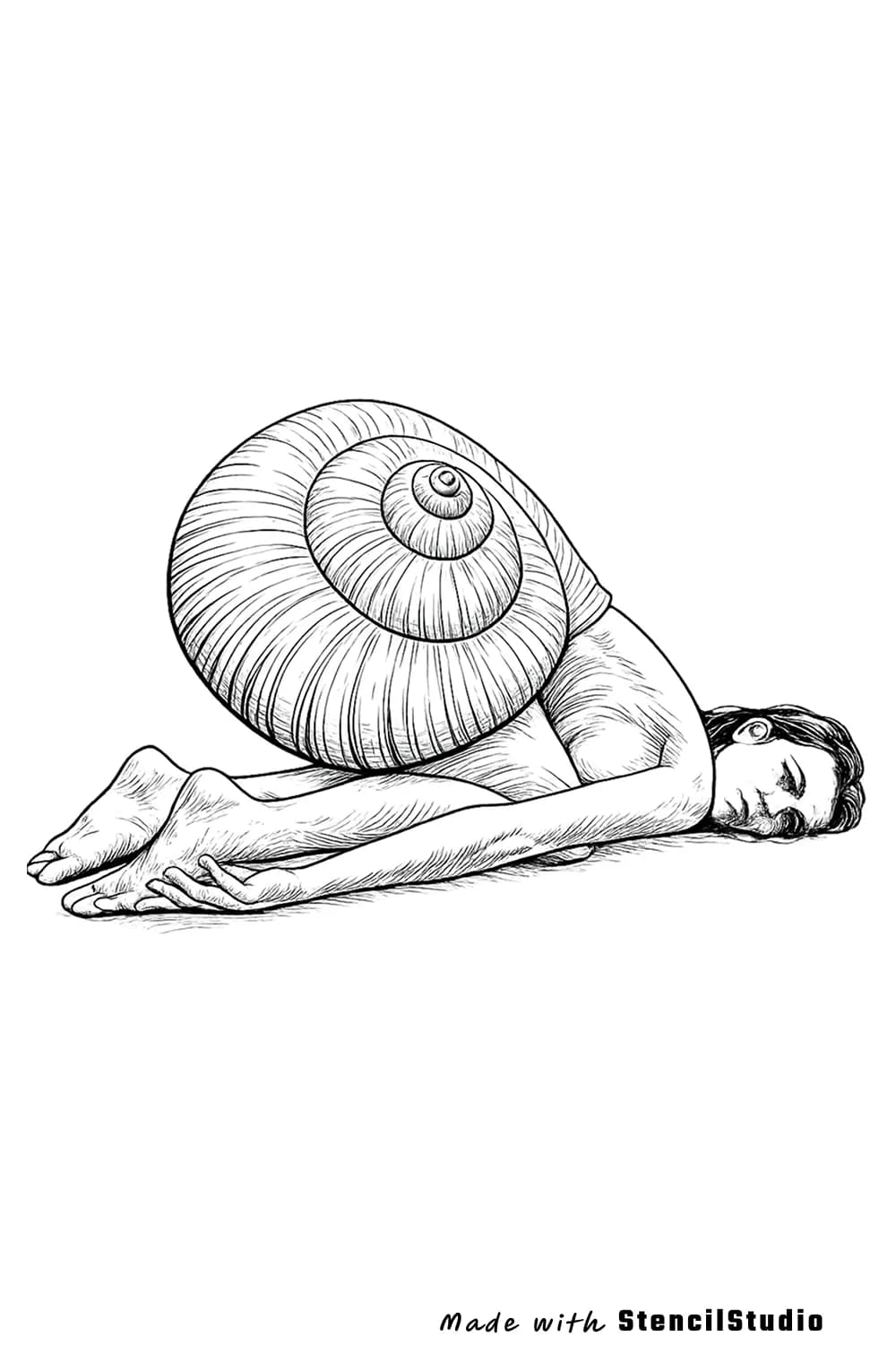 People tattoo stencil example featuring a woman curled beneath a snail shell