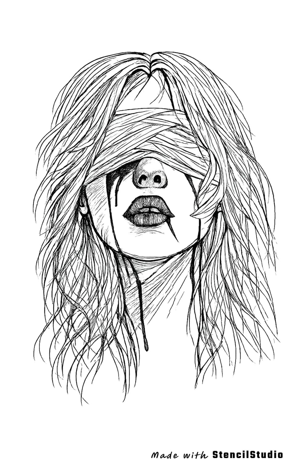 People tattoo stencil example featuring a blindfolded woman portrait