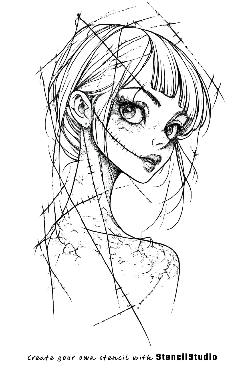 stylized woman portrait tattoo stencil example