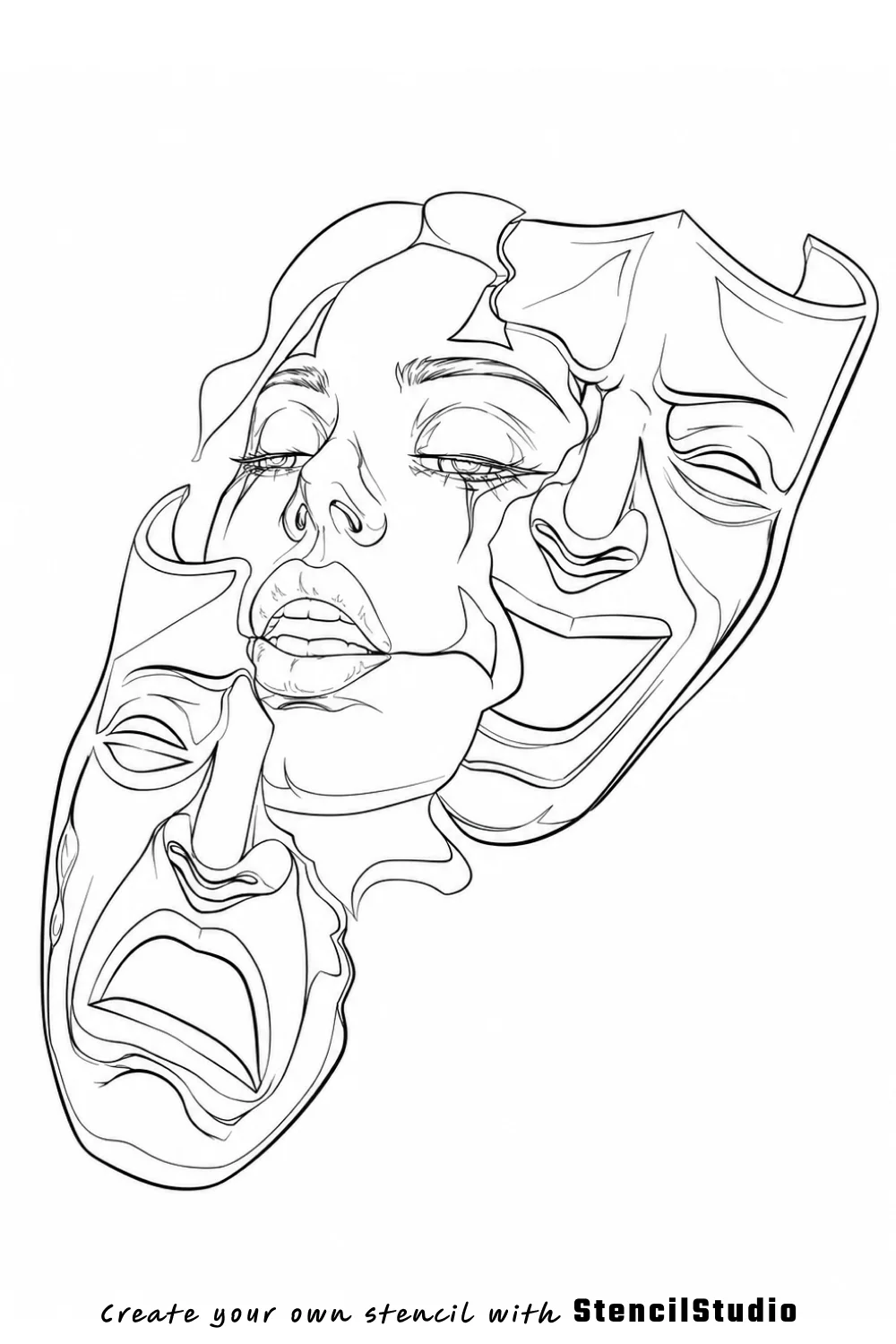 Woman with integrated theater masks tattoo stencil example