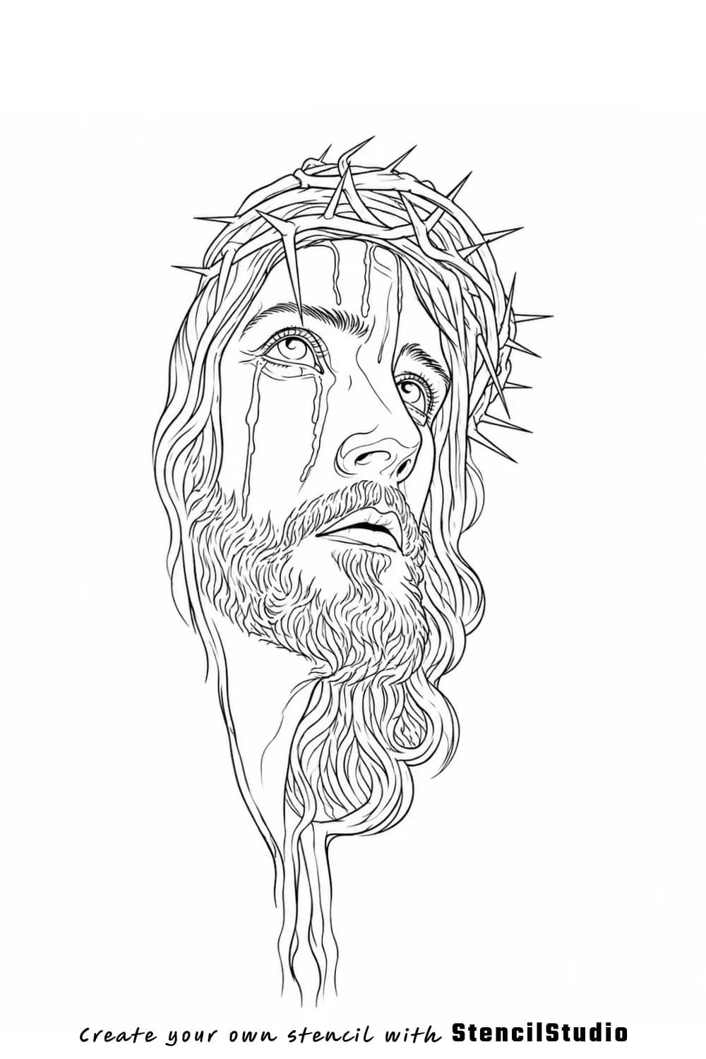 Jesus with crown of thorns tattoo stencil example