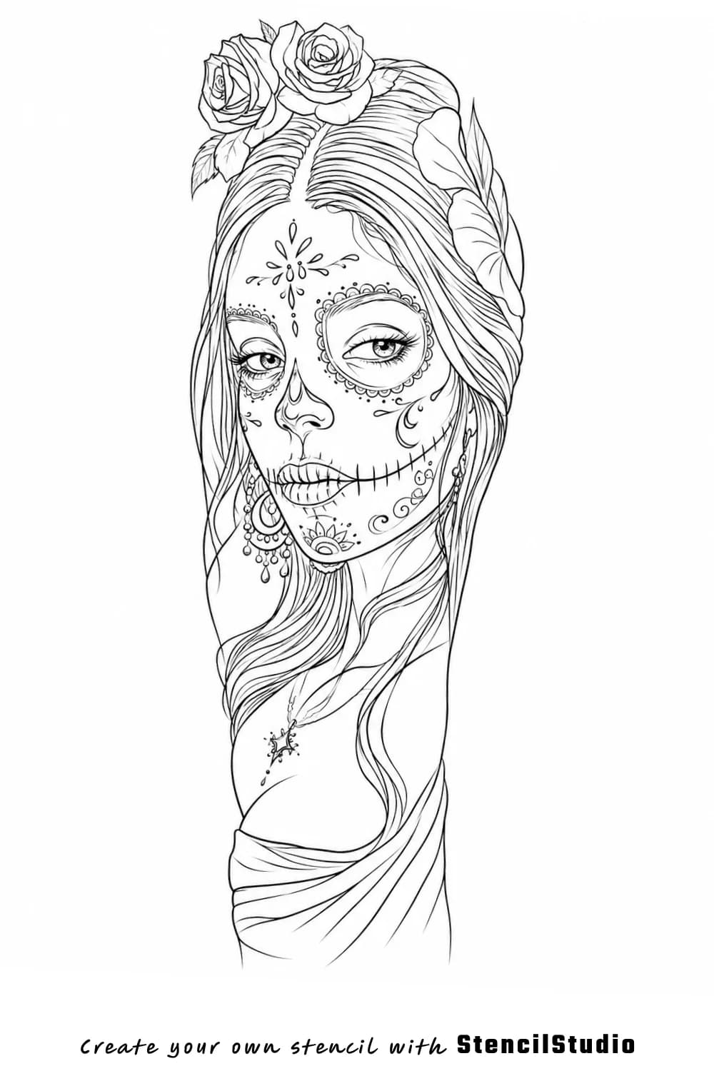 Día de los Muertos sugar skull portrait tattoo stencil example