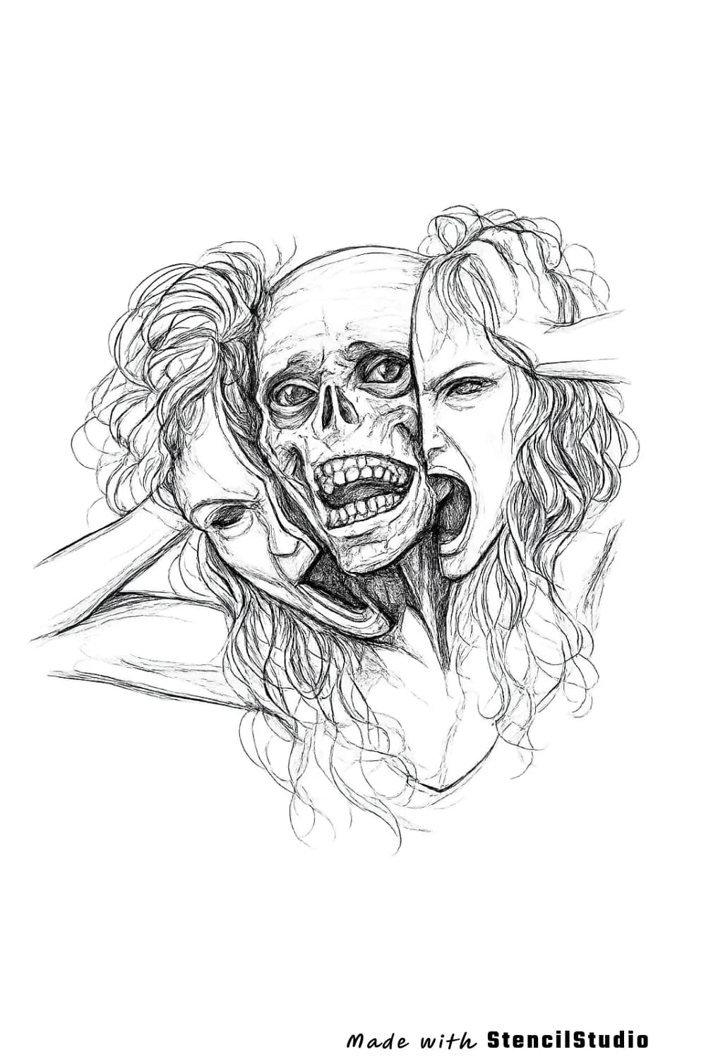 Skull tattoo stencil example featuring a central human skull framed by two women