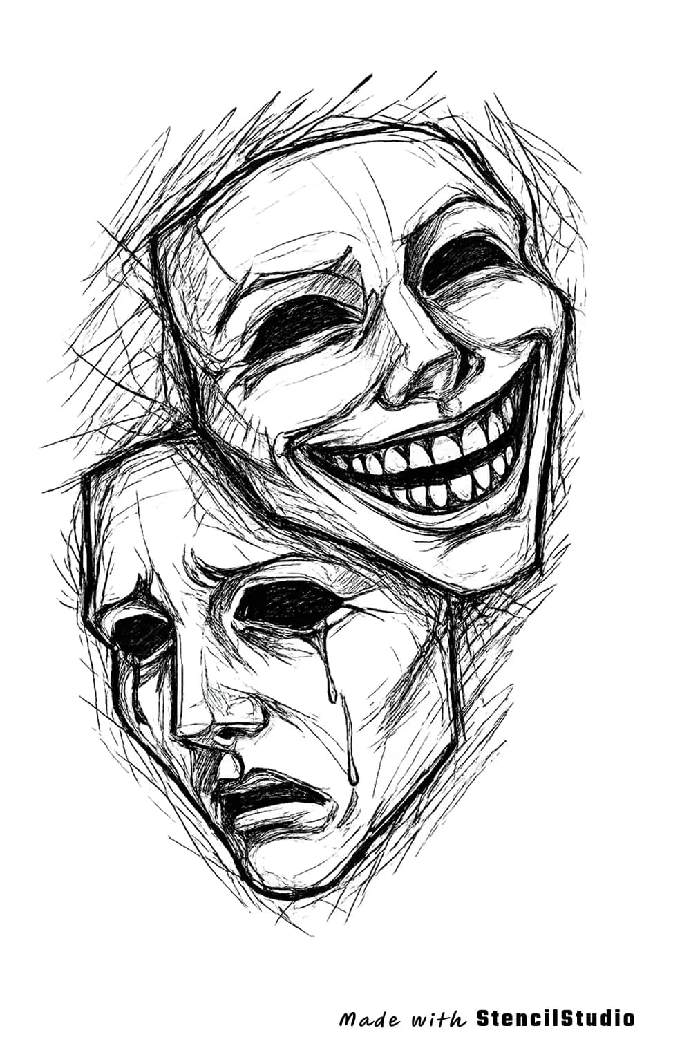 Symbol tattoo stencil example featuring expressive theater masks