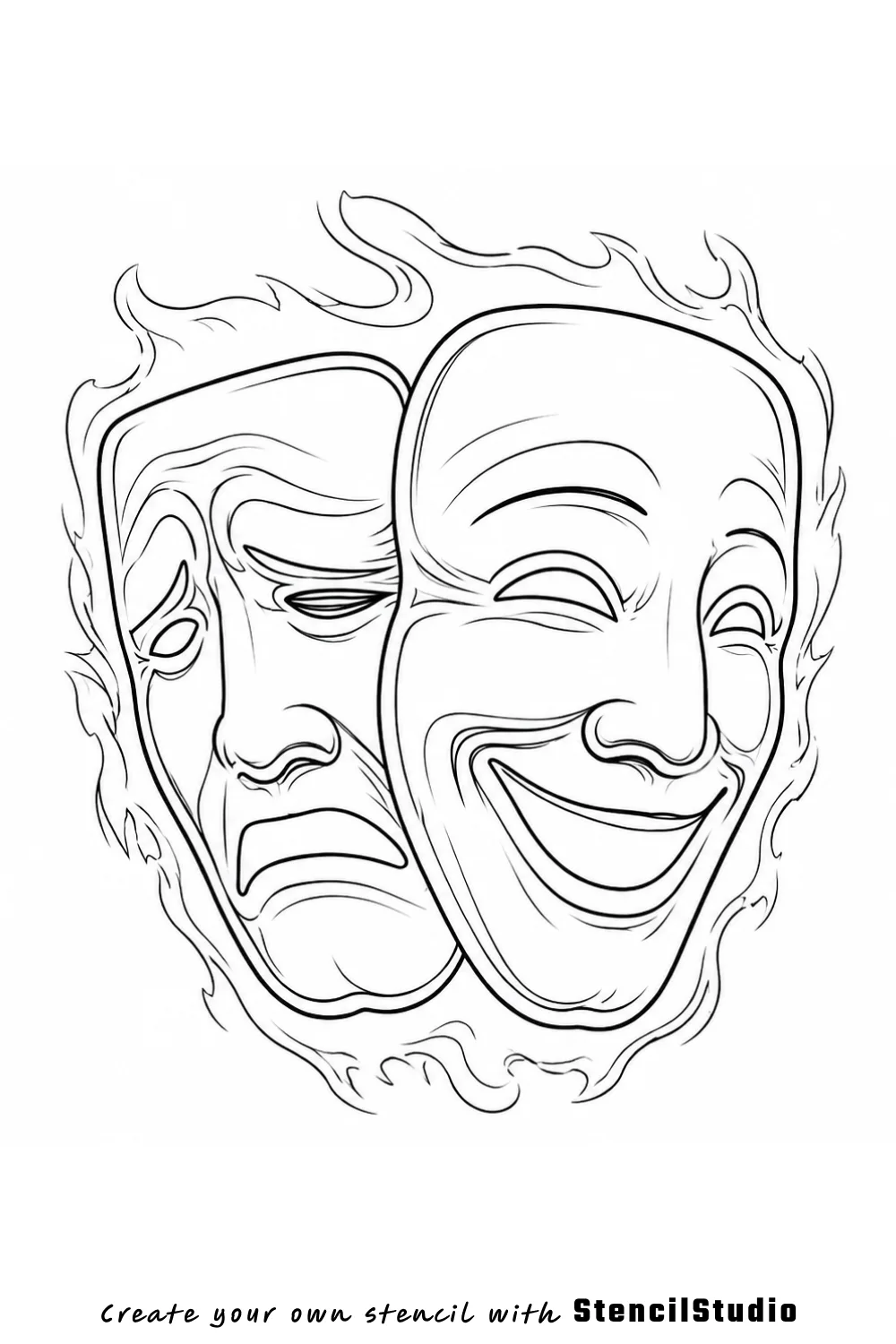 Theater masks in flame border tattoo stencil example